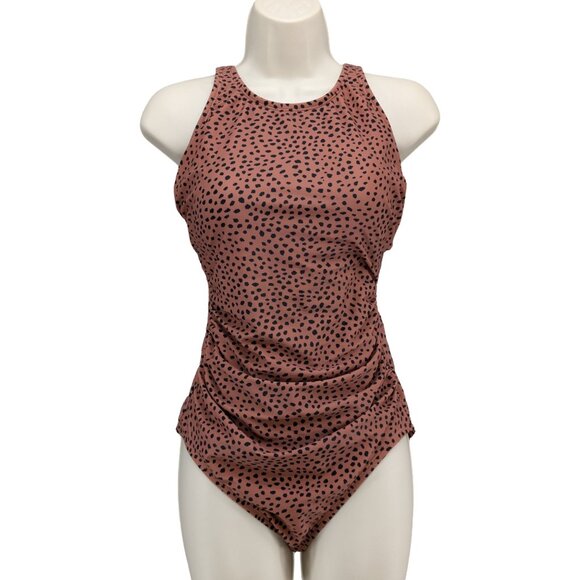Kona Sol One Piece Swimsuit Womens Brown Black Spotted Animal Print Ruched Sz M - Picture 1 of 13